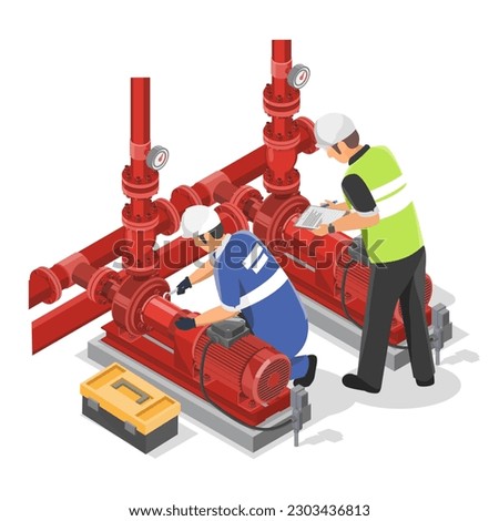 Technician working with Industrial Emergency Red Fire Water Pumps Maintenance Service concept isometric isolated cartoon vector