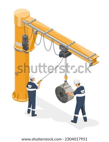 Two worker using Operating Slewing jib medium crane to lifting and moving heavy mattirial inside factory warehouse industrial isometric isolated cartoon vector