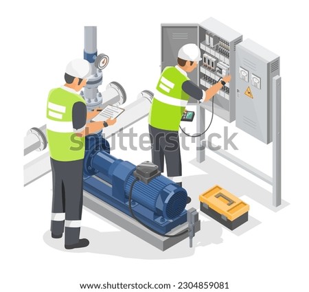 Engineer and electrician working with Industrial Water Pumps Maintenance Service concept isometric isolated cartoon vector