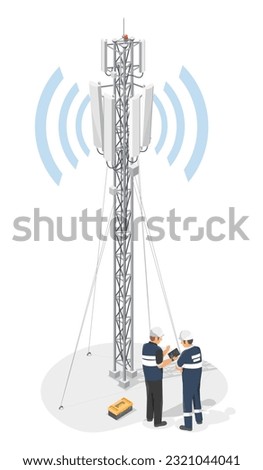 engineer Maintenance Service Call phone internet 5g antenna high tower isometric isolated cartoon vector