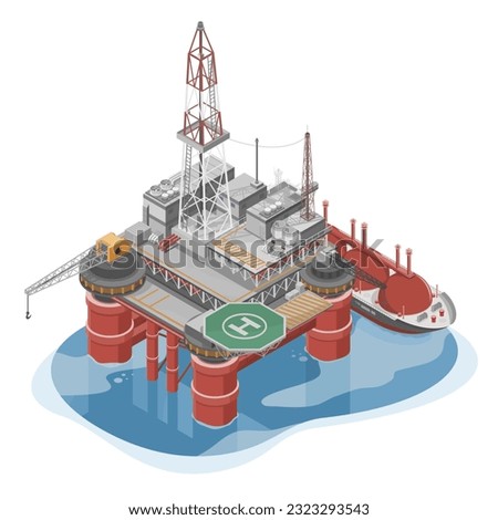 Offshore Oil and gas Rig Drilling Facility and ship Cartoon Illustration Infographic of Oil Industry in ocean red color isolated top view vector 