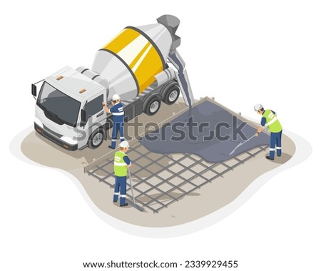Concrete truck isometric yellow white cement delivery worker working on floor construction worksite isolated cartoon illustration vector
