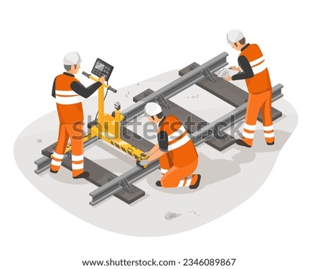 railway engineer and subway orange uniform worker maintenance service working to inspecting with tools isometric isolated cartoon vector