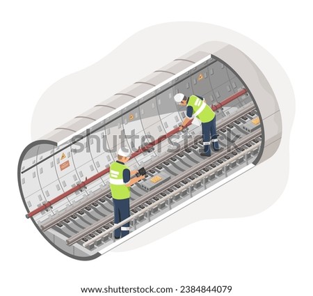 Underground Railway Engineer Inspector inspect construction of subway Bridge after maintenance isometric isolated vector