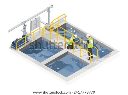 Engineer working at wastewater treatment check quality of the water the wastewater treatment pond process concept isometric isolated cartoon vector