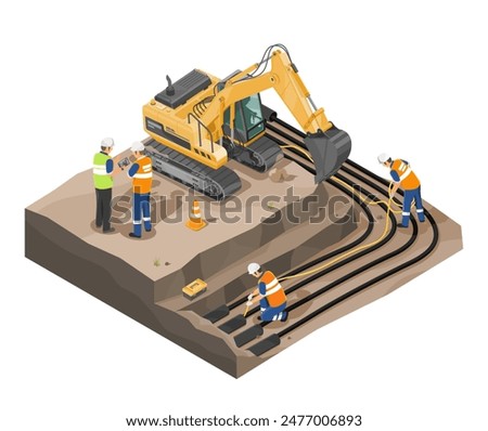 electrical wiring on the underground process electrical engineer and labors technician excavator backhole working and laying underground cable wire to pipe vector isometric isolated