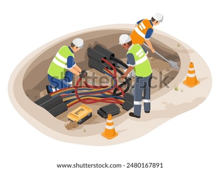 underground electric fiber optic cable wiring construction engineering inspection and worker and technician working maintenance isometric isolated