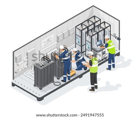 Engineer and technician maintenance service team H2 green hydrogen PEM water electrolyser station module isometric for industrial on white background isolated