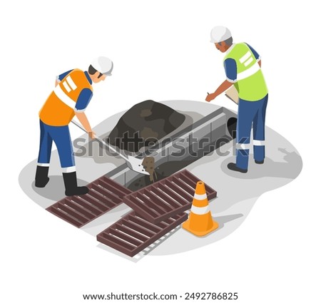 drainage Sewerage pipes Maintenance and cleaning labor and inspector engineer work clean together eco Wastewater pipe industrial factory friendly concept isometic isolated illustration