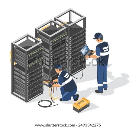 electrical engineer and it support installation setup electric system in server room isometric isolated industrial concept illustration on white background