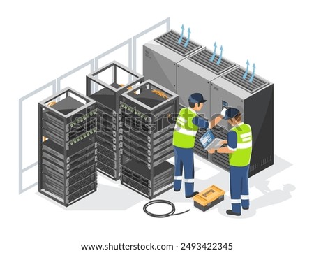 hvac air conditioner computer room temperature control system in server room engineers installation isometric isolated industrial concept illustration