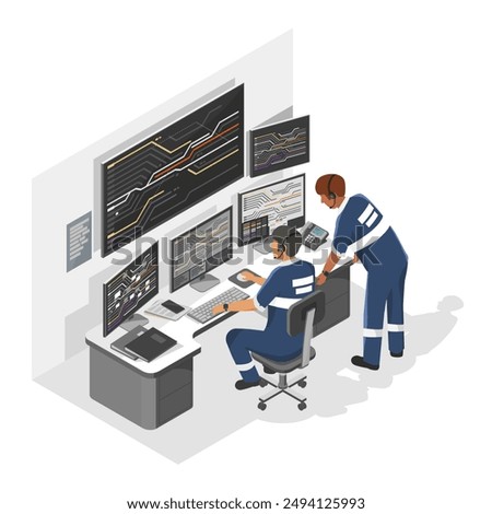 railway traffic controller system room engineer working job on monitors to manage railway and truck shipping and logistic concept isometric isolated cartoon