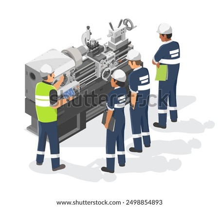 Engineer and Technician work  training on Heavy Duty Metal Lathe Machine metalworker industrial experienced operator Maintenance concept isometric industrial machinery labor working white background