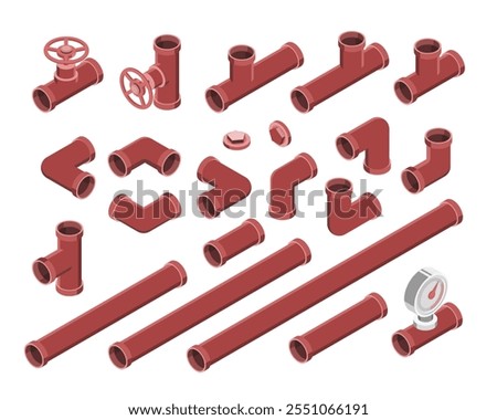 red pipe isometric steel water and gas and oil pipes Industrial connection with valve isolated vector set