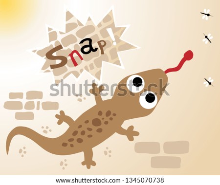 Vector cartoon of lizard in the wall hunting mosquitoes