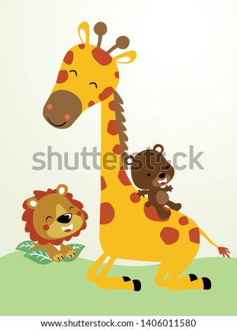Vector cartoon of little bear sliding on giraffes neck, lion hiding in leaf