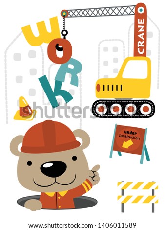 Funny bear cartoon in worker costume with construction vehicle, construction element illustration