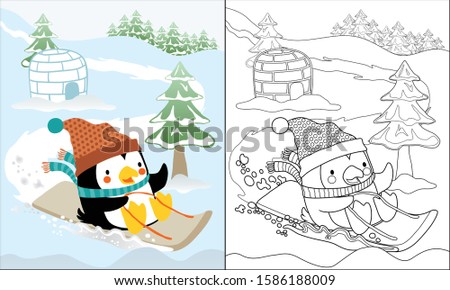 coloring book of penguin cartoon in winter coat on sled in snow land 