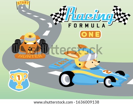 Vector illustration of funny car racing cartoon with cute fox, car racing elements cartoon