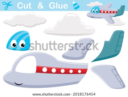 Funny airplane with clouds. Education paper game for children. Cutout and gluing. Vector cartoon illustration