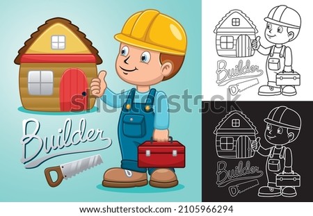 Vector cartoon of boy wearing builder uniform holding toolbox with wooden home and saw