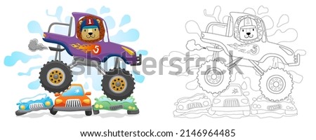 Cartoon of lion on monster truck crushing small vehicles, hand drawn style, coloring book or page