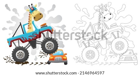 Cartoon of giraffe on monster truck crushing small vehicles, hand drawn style, coloring book or page