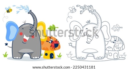 Vector illustration of cartoon elephant with insects and mushroom. Coloring book or page for kids 