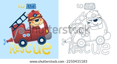 Vector illustration of cartoon funny cat driving firetruck. Coloring book or page for kids