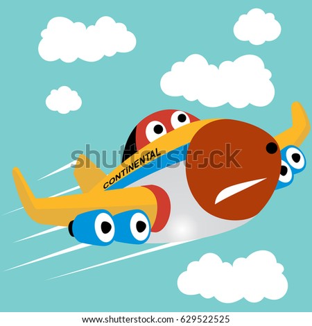 Funny airplane in the sky with clouds, vector cartoon illustration