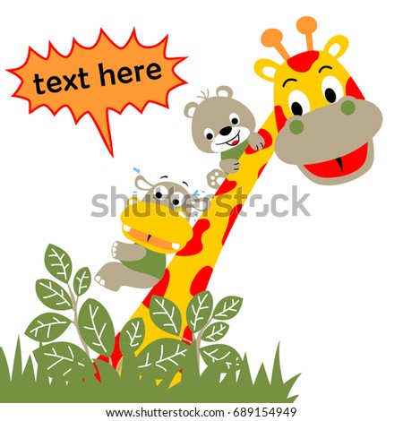 Little bear and hippo sliding on giraffe's neck, vector cartoon illustration
