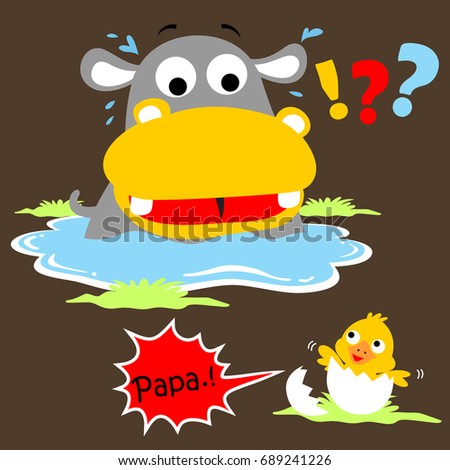 Cute hippo with newborn duck, vector cartoon illustration