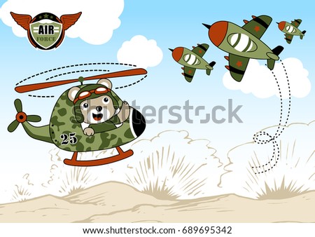 Cute bear on military helicopter with fighter jet within battlefield, vector cartoon illustration