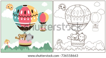 vector cartoon of hot air balloons with cute animals, coloring book or page
