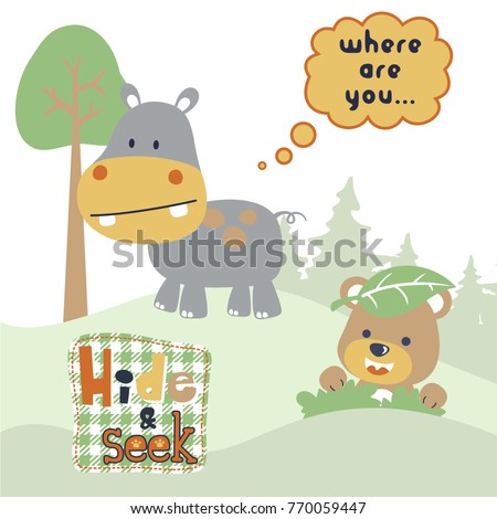 Funny cartoon of hippo and bear playing hide and seek in jungle
