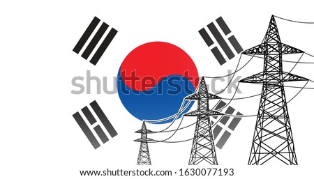 Republic of Korea (South Korea) electric power supply lines vector concept - three high voltage poles with wires on flag background, used colors blue, red, white