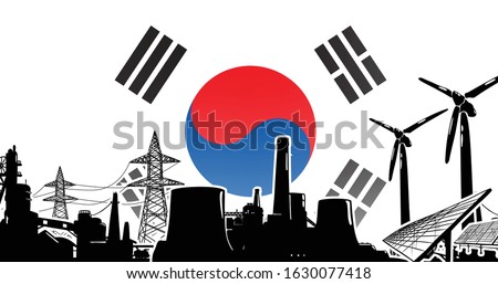 Republic of Korea (South Korea) energy production - vector with sun power, wind generators, atomic and coal power plants and electric lines on poles
