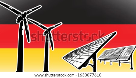 Renewable energy vector concept for Germany - wind generators and solar power station on flag background, flag colors black, red, yellow