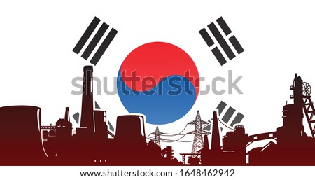 Heavy industry of Republic of Korea (South Korea) - vector illustration colored red with electric power plant, factory and mining facility on the flag background with colors blue, red, white