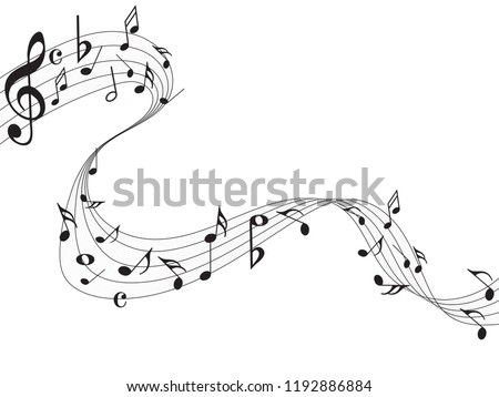 Abstract music notes on line wave background. Black G-clef and music notes isolated 