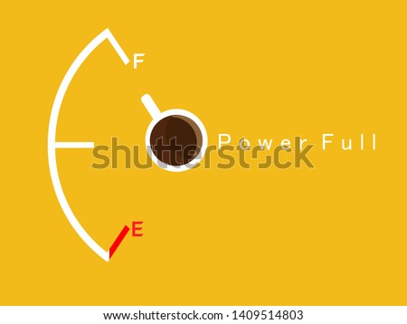 Coffee cup and fuel gauge or fuel meter on the grass ; caffeine in coffee helps keep the body awake. Power full concept.