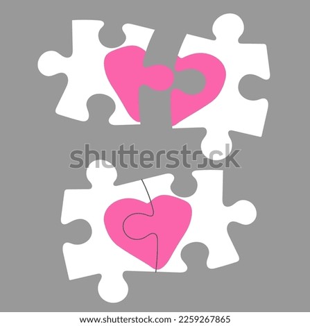 Two pieces matched jigsaw with red heart shape on sweet pink background. Concept of perfect couple, love, complement each other. Illustration for valentine card, wedding, romantic banner. Flat vector.