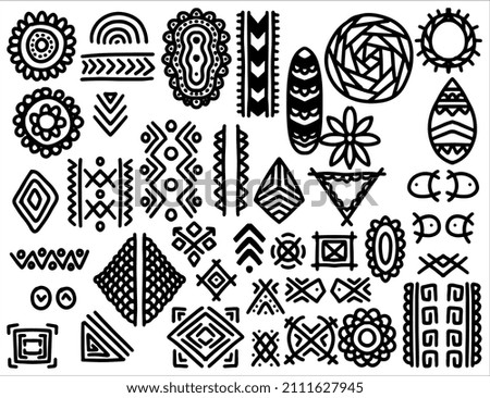 ethnic tribal hand drawn elements set in black white style. Abstract african art shapes collection, tribal doodle decoration set. Random ethnic shapes, animal print texture and traditional hand drawn