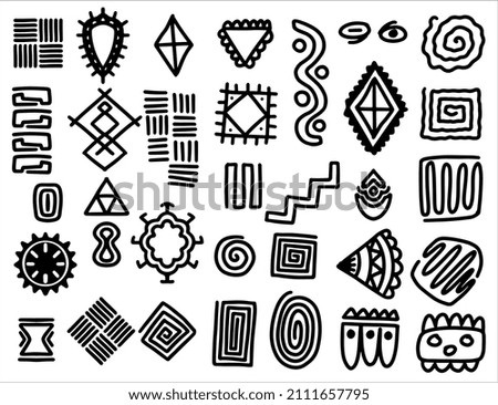 ethnic tribal hand drawn elements set in black white style. Abstract african art shapes collection, tribal doodle decoration set. Random ethnic shapes, animal print texture and traditional hand drawn