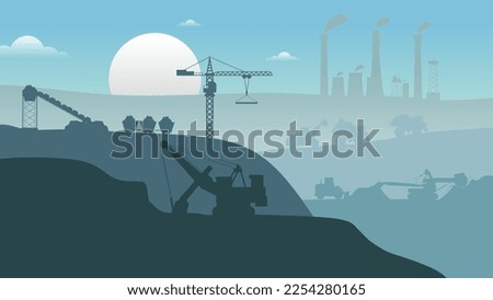 Mining view factory landscape silhouette flat elements background in colorful color.