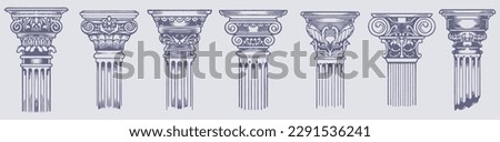 Ancient Greek Columns - Vintage Sketch Illustrations Set for Retro Design | Hand-Drawn Vector Art of Classic Architecture and Ornate Pillars, Decorative Elements for Historic Cultural Concepts