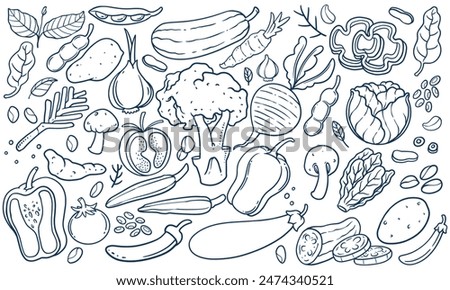 Black and white Vegetable Doodle Illustration set. Hand drawn sets of vegetables isolated on white background in colorful style.