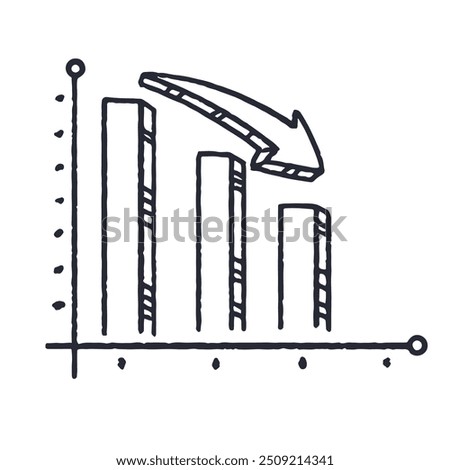 hand-drawn illustration of a bar graph with bars and a prominent arrow showcasing a downward trend. Concepts of decline, loss, or negative growth in various business and educational settings