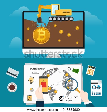 Flat design concept for bitcoin market. Web banner illustration of blockchain technology, bitcoin, cryptocurrency mining, finance, digital money market, cryptocoin wallet, stock exchange.