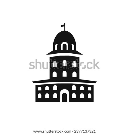 Building simple flat black and white icon logo, reminiscent of Leaning Tower of Pisa, City house Logo Minimalist BW.
